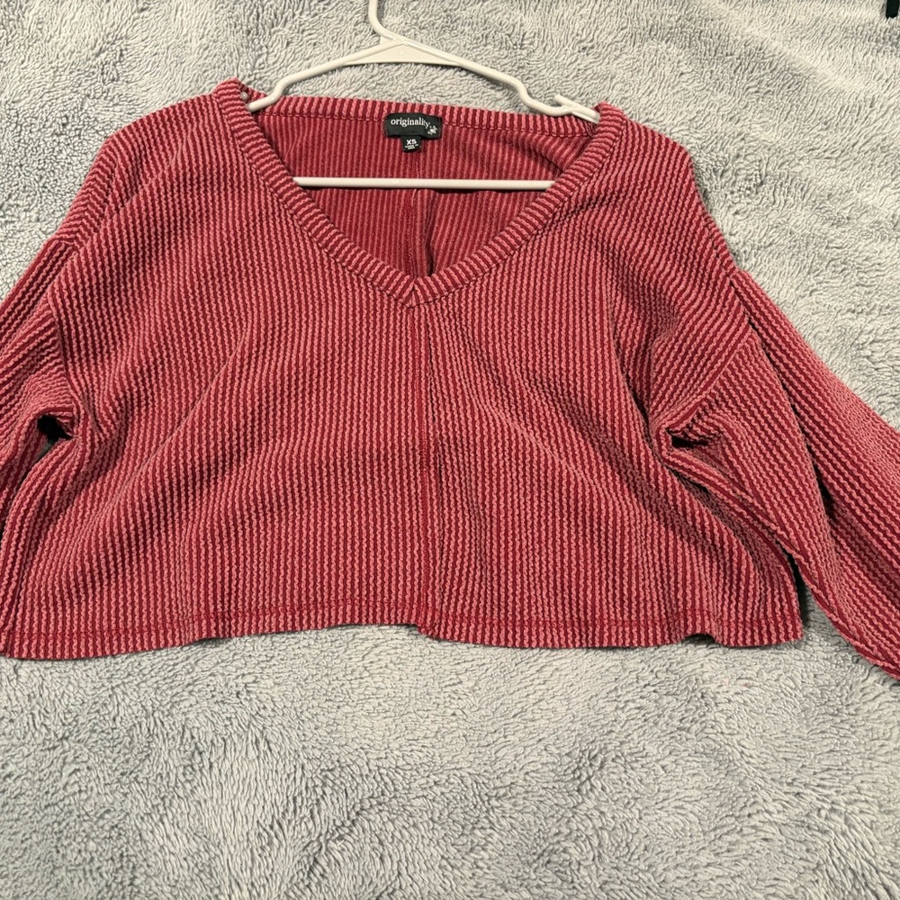 Red V-Neck Long Sleeve Top
